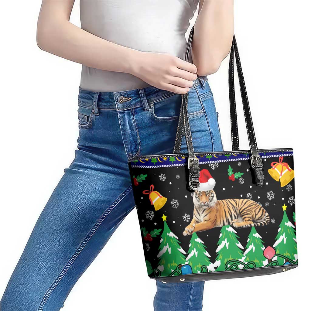 Malaysia Christmas Leather Tote Bag with Tiger Santa Hat Snowflakes and Holiday Tree Pattern - Wonder Print Shop