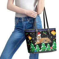 Malaysia Christmas Leather Tote Bag with Tiger Santa Hat Snowflakes and Holiday Tree Pattern - Wonder Print Shop