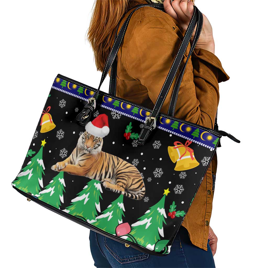 Malaysia Christmas Leather Tote Bag with Tiger Santa Hat Snowflakes and Holiday Tree Pattern - Wonder Print Shop