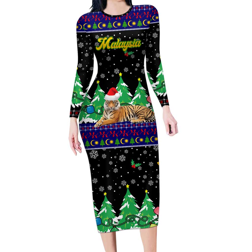 Malaysia Christmas Long Sleeve Bodycon Dress with Tiger Santa Hat Snowflakes and Holiday Tree Pattern - Wonder Print Shop