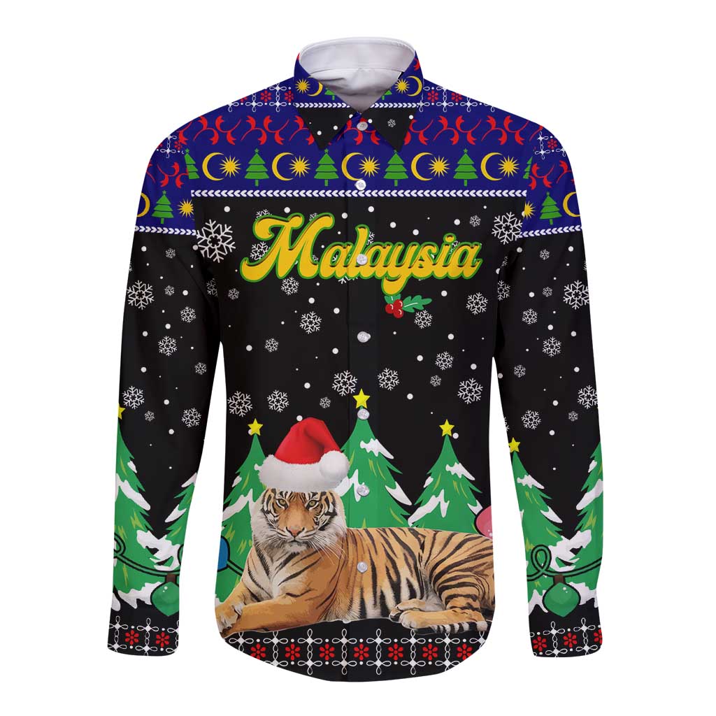 Malaysia Christmas Long Sleeve Button Shirt with Tiger Santa Hat Snowflakes and Holiday Tree Pattern - Wonder Print Shop
