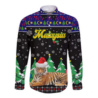 Malaysia Christmas Long Sleeve Button Shirt with Tiger Santa Hat Snowflakes and Holiday Tree Pattern - Wonder Print Shop