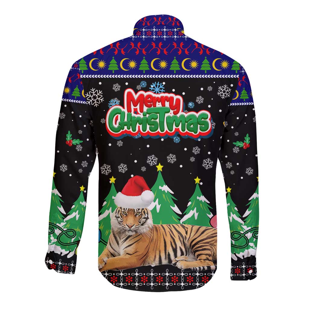 Malaysia Christmas Long Sleeve Button Shirt with Tiger Santa Hat Snowflakes and Holiday Tree Pattern - Wonder Print Shop