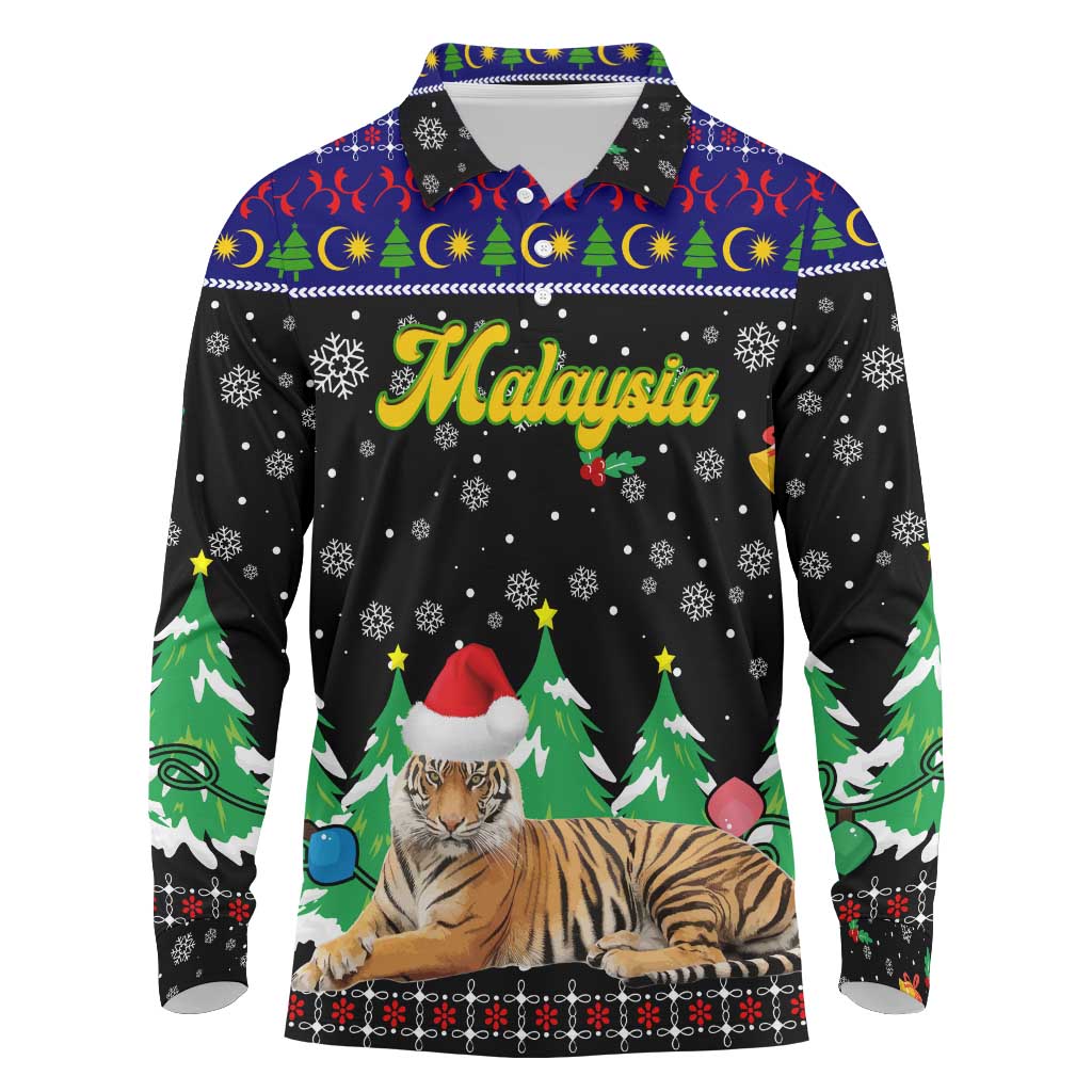 Malaysia Christmas Long Sleeve Polo Shirt with Tiger Santa Hat Snowflakes and Holiday Tree Pattern - Wonder Print Shop