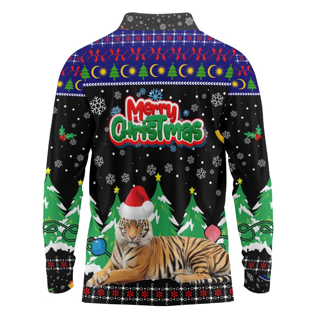 Malaysia Christmas Long Sleeve Polo Shirt with Tiger Santa Hat Snowflakes and Holiday Tree Pattern - Wonder Print Shop