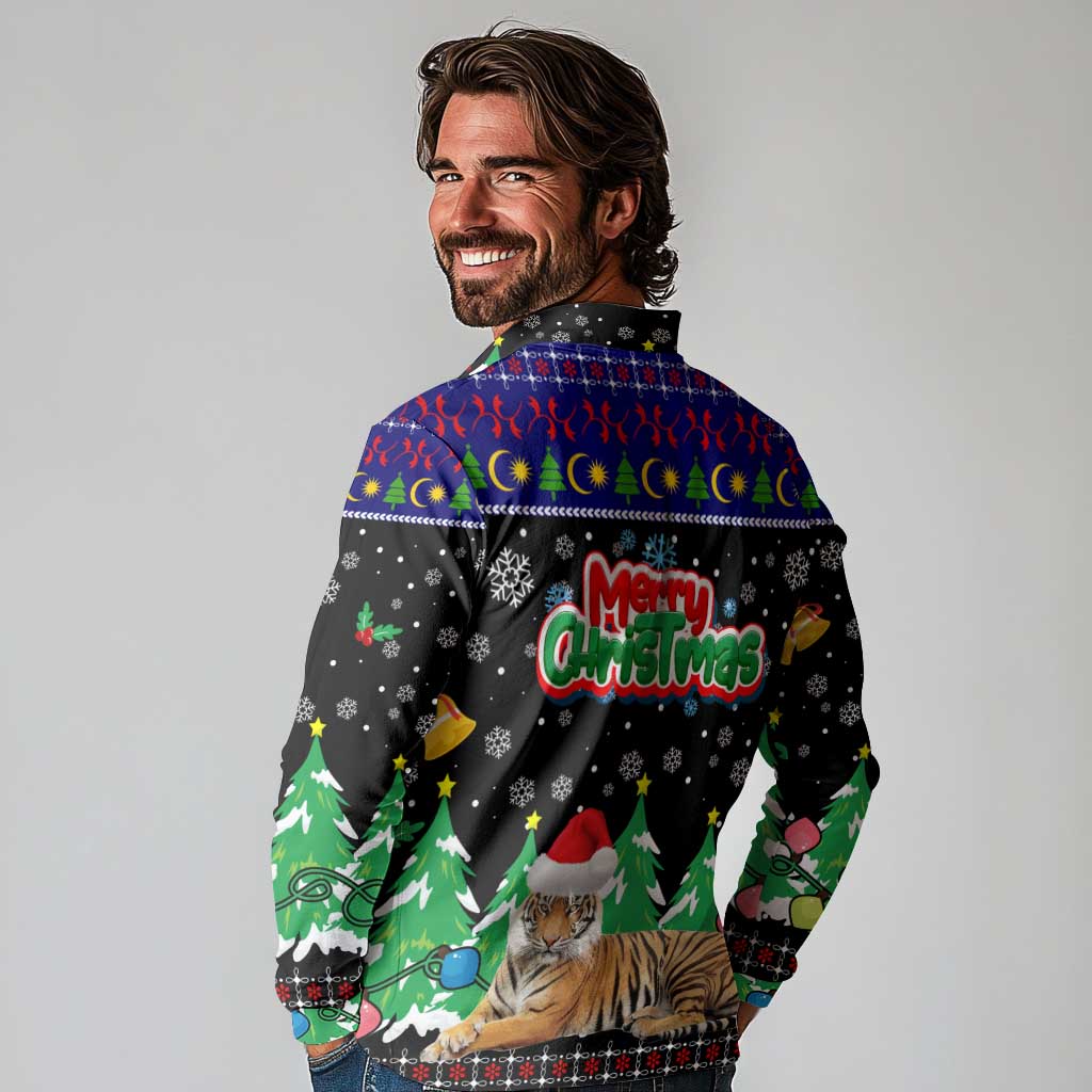 Malaysia Christmas Long Sleeve Polo Shirt with Tiger Santa Hat Snowflakes and Holiday Tree Pattern - Wonder Print Shop