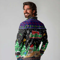 Malaysia Christmas Long Sleeve Polo Shirt with Tiger Santa Hat Snowflakes and Holiday Tree Pattern - Wonder Print Shop