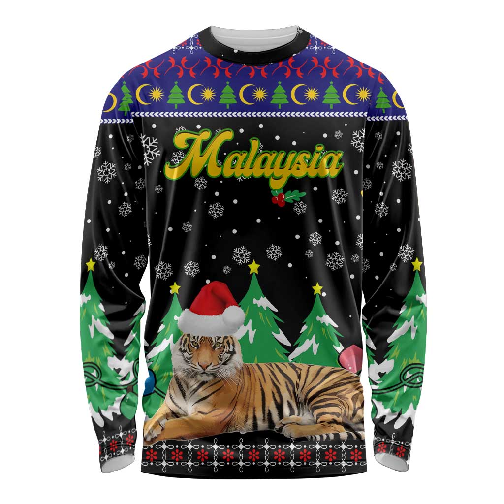 Malaysia Christmas Long Sleeve Shirt with Tiger Santa Hat Snowflakes and Holiday Tree Pattern - Wonder Print Shop