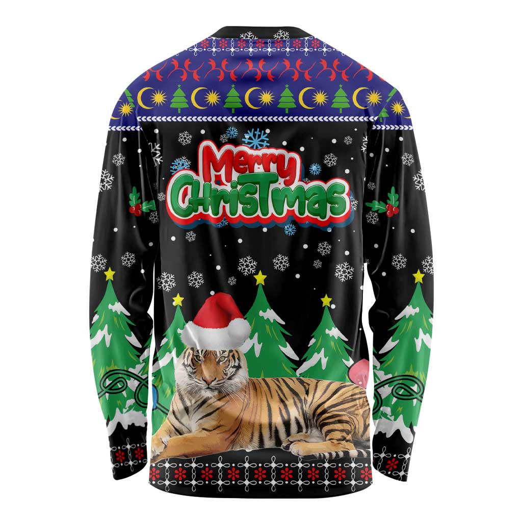 Malaysia Christmas Long Sleeve Shirt with Tiger Santa Hat Snowflakes and Holiday Tree Pattern - Wonder Print Shop