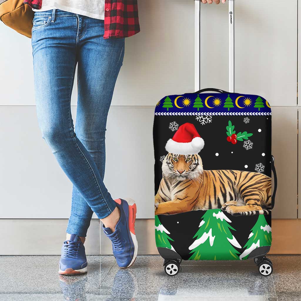 Malaysia Christmas Luggage Cover with Tiger Santa Hat Snowflakes and Holiday Tree Pattern - Wonder Print Shop