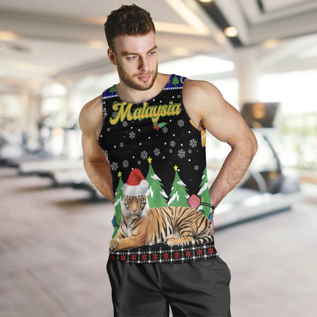 Malaysia Christmas Men Tank Top with Tiger Santa Hat Snowflakes and Holiday Tree Pattern - Wonder Print Shop