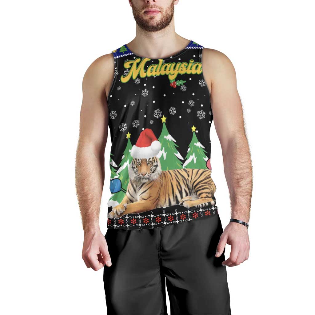 Malaysia Christmas Men Tank Top with Tiger Santa Hat Snowflakes and Holiday Tree Pattern - Wonder Print Shop