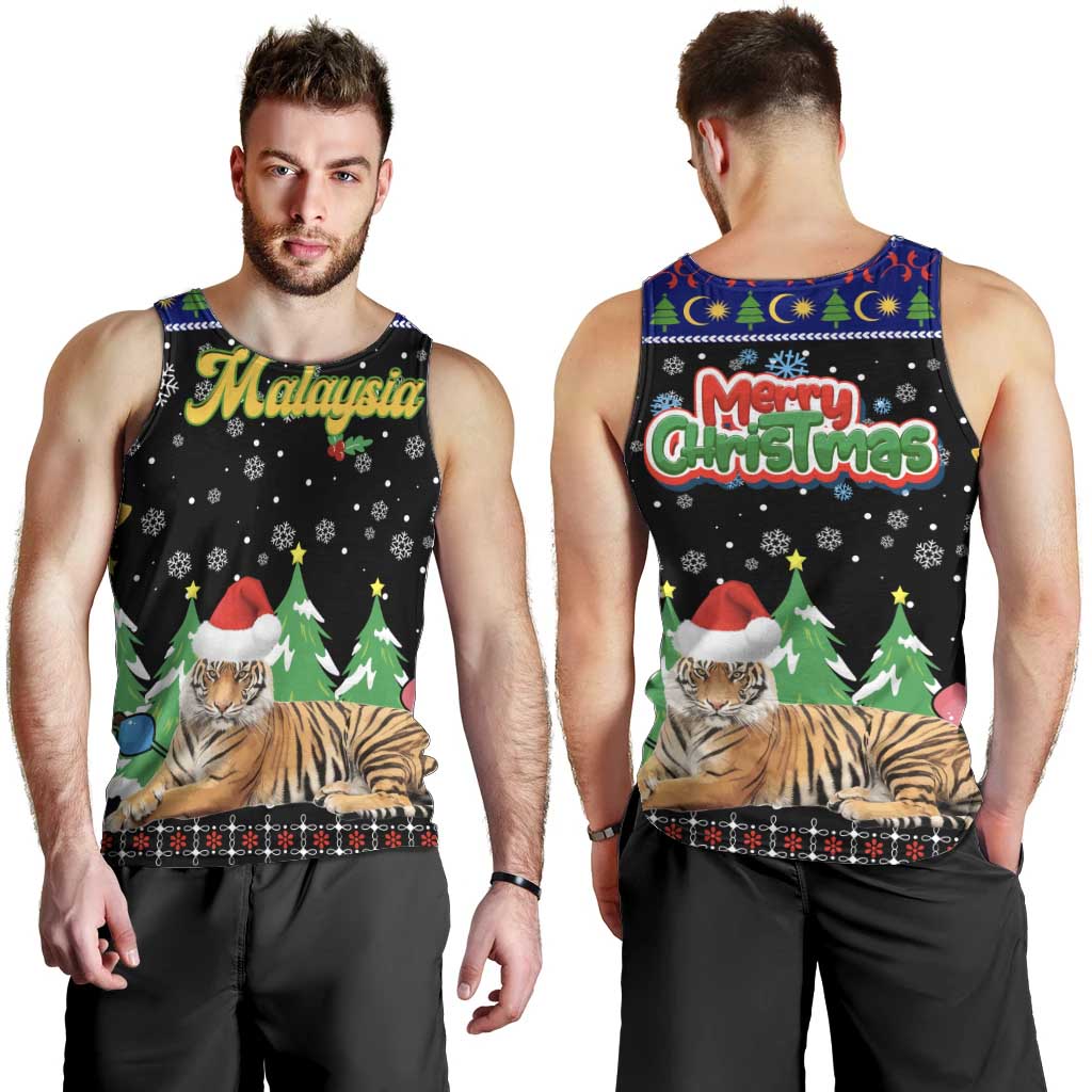 Malaysia Christmas Men Tank Top with Tiger Santa Hat Snowflakes and Holiday Tree Pattern - Wonder Print Shop