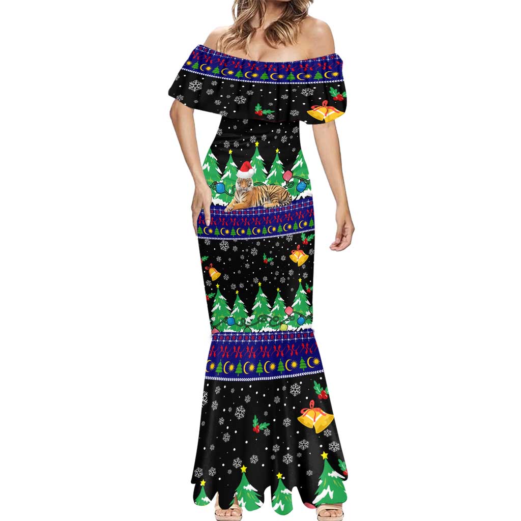Malaysia Christmas Mermaid Dress with Tiger Santa Hat Snowflakes and Holiday Tree Pattern - Wonder Print Shop
