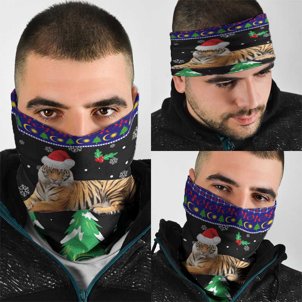 Malaysia Christmas Neck Gaiter with Tiger Santa Hat Snowflakes and Holiday Tree Pattern - Wonder Print Shop