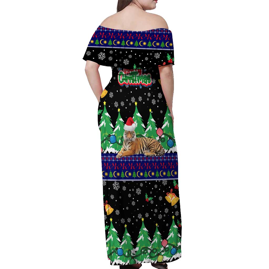 Malaysia Christmas Off Shoulder Maxi Dress with Tiger Santa Hat Snowflakes and Holiday Tree Pattern - Wonder Print Shop
