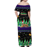 Malaysia Christmas Off Shoulder Maxi Dress with Tiger Santa Hat Snowflakes and Holiday Tree Pattern - Wonder Print Shop