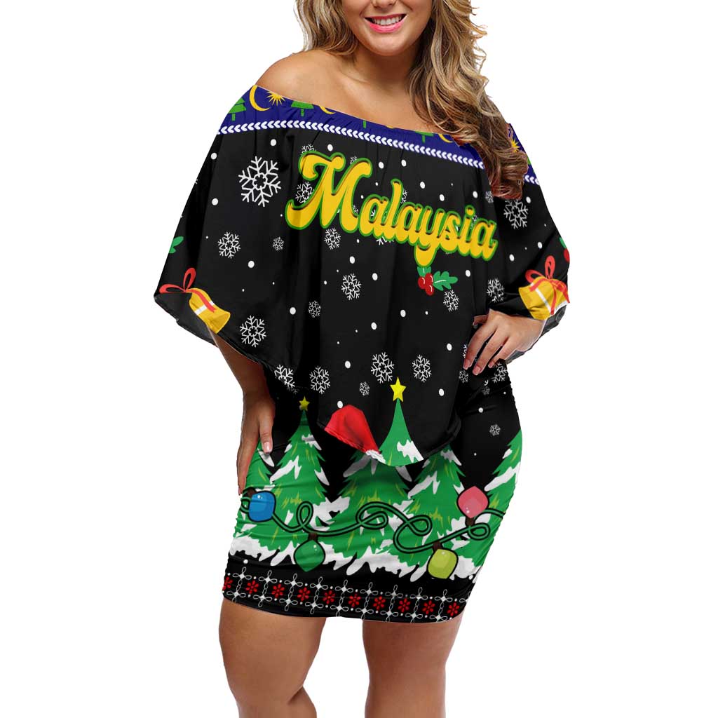Malaysia Christmas Off Shoulder Short Dress with Tiger Santa Hat Snowflakes and Holiday Tree Pattern - Wonder Print Shop
