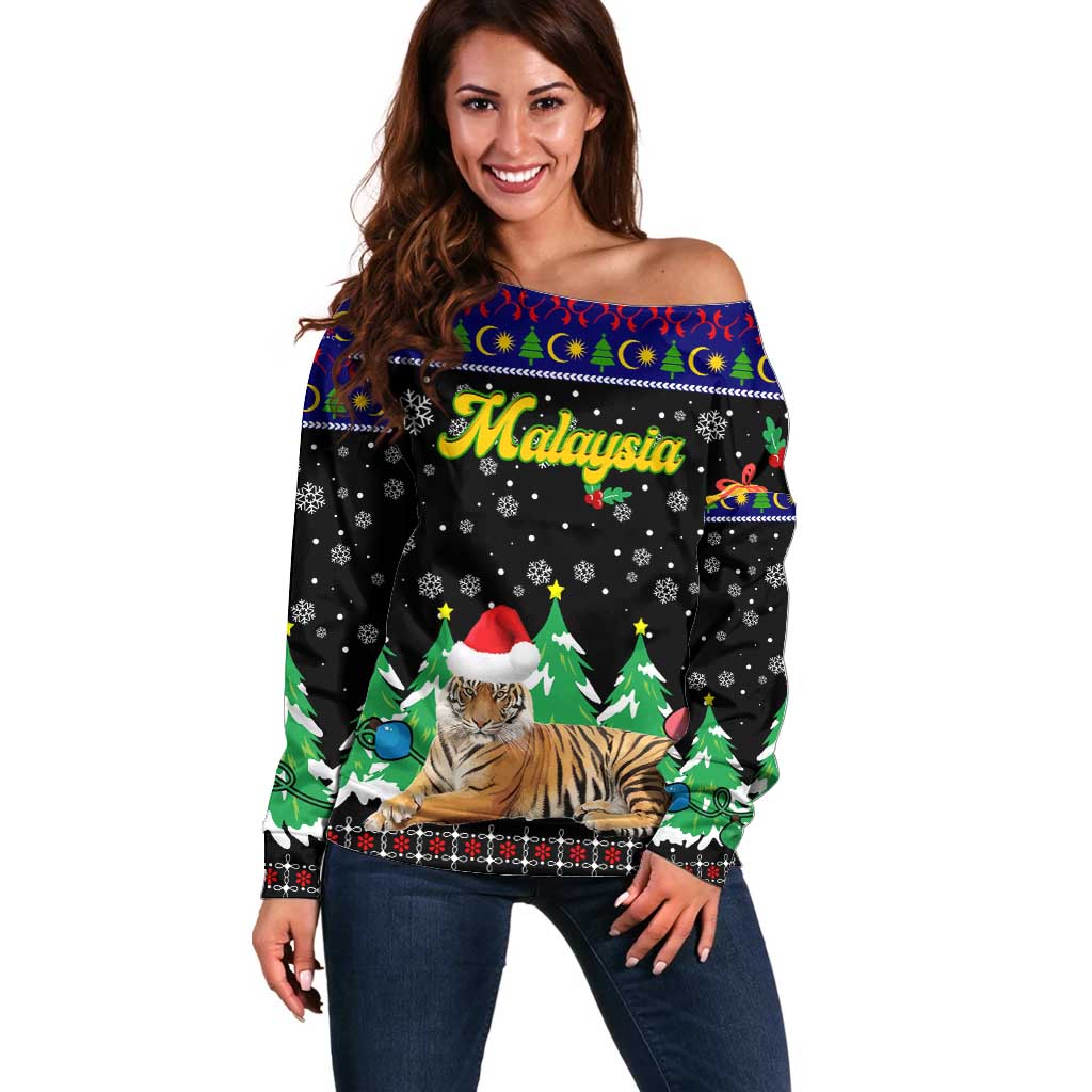 Malaysia Christmas Off Shoulder Sweater with Tiger Santa Hat Snowflakes and Holiday Tree Pattern - Wonder Print Shop