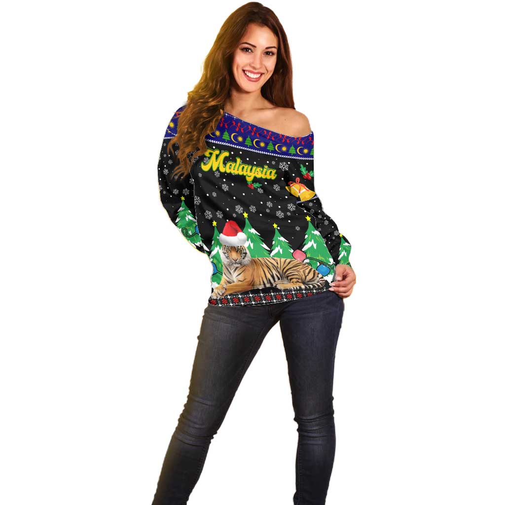 Malaysia Christmas Off Shoulder Sweater with Tiger Santa Hat Snowflakes and Holiday Tree Pattern - Wonder Print Shop