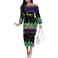 Malaysia Christmas Off The Shoulder Long Sleeve Dress with Tiger Santa Hat Snowflakes and Holiday Tree Pattern - Wonder Print Shop