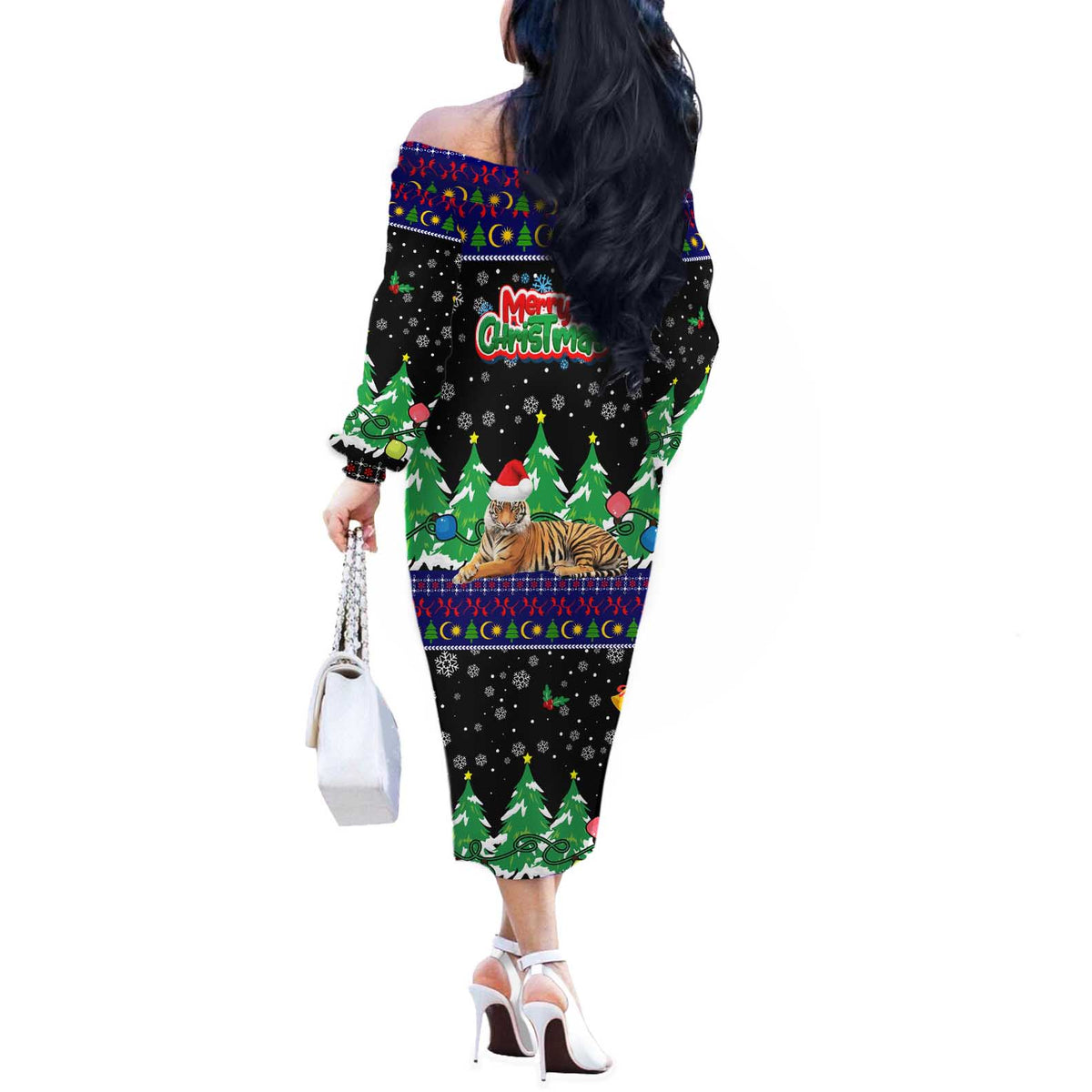 Malaysia Christmas Off The Shoulder Long Sleeve Dress with Tiger Santa Hat Snowflakes and Holiday Tree Pattern - Wonder Print Shop
