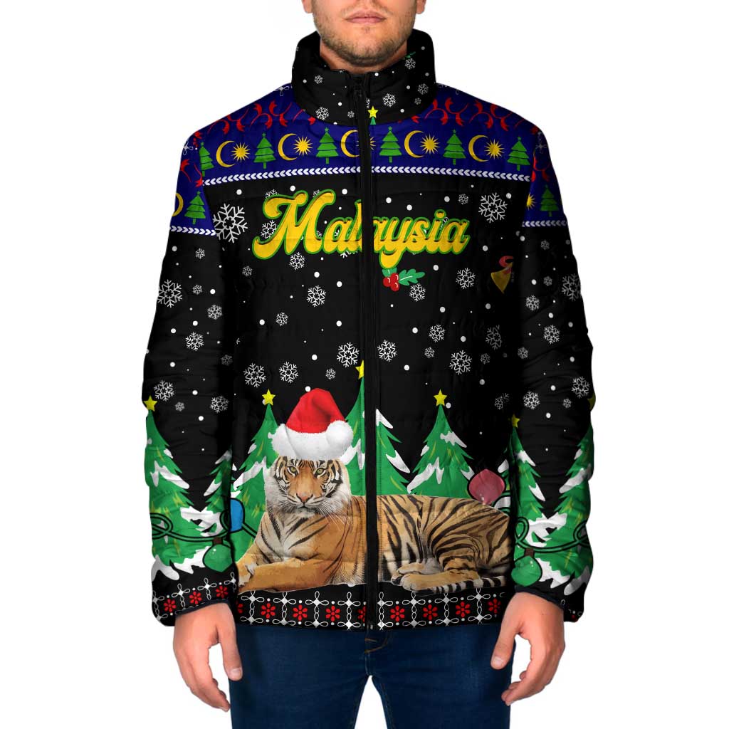Malaysia Christmas Padded Jacket with Tiger Santa Hat Snowflakes and Holiday Tree Pattern - Wonder Print Shop