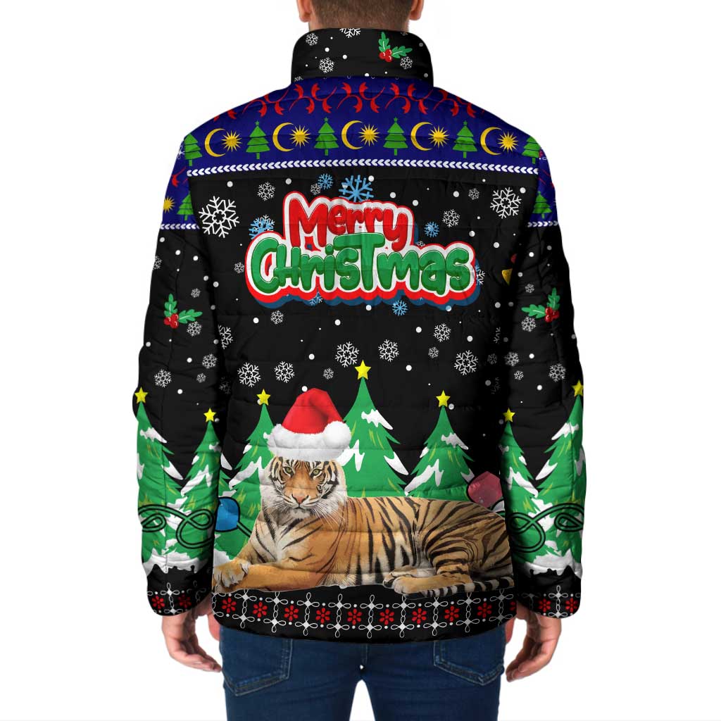 Malaysia Christmas Padded Jacket with Tiger Santa Hat Snowflakes and Holiday Tree Pattern - Wonder Print Shop