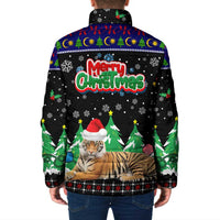 Malaysia Christmas Padded Jacket with Tiger Santa Hat Snowflakes and Holiday Tree Pattern - Wonder Print Shop