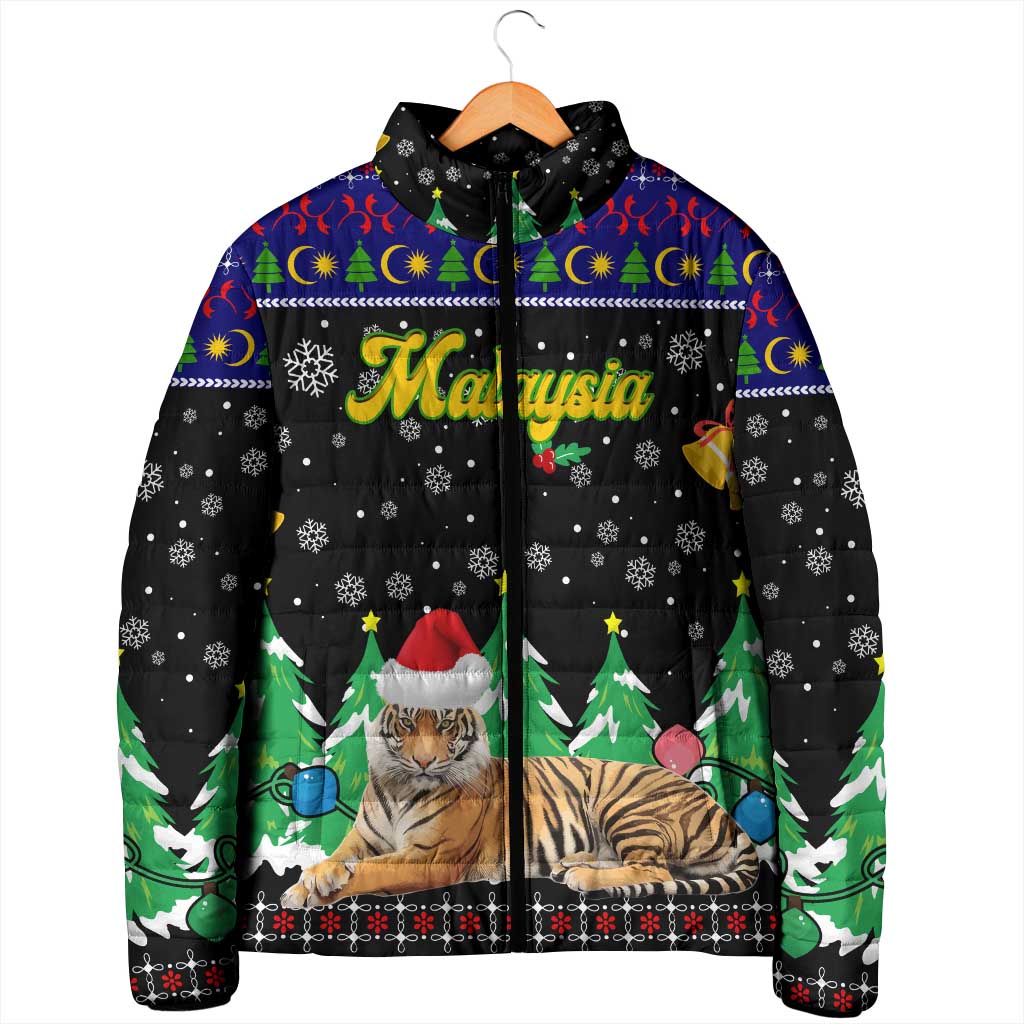 Malaysia Christmas Padded Jacket with Tiger Santa Hat Snowflakes and Holiday Tree Pattern - Wonder Print Shop