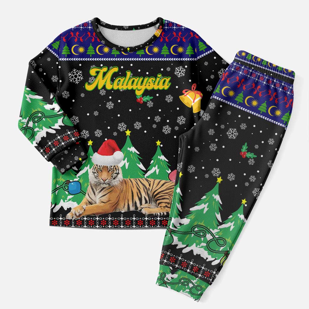 Malaysia Christmas Pajama Set with Tiger Santa Hat Snowflakes and Holiday Tree Pattern - Wonder Print Shop