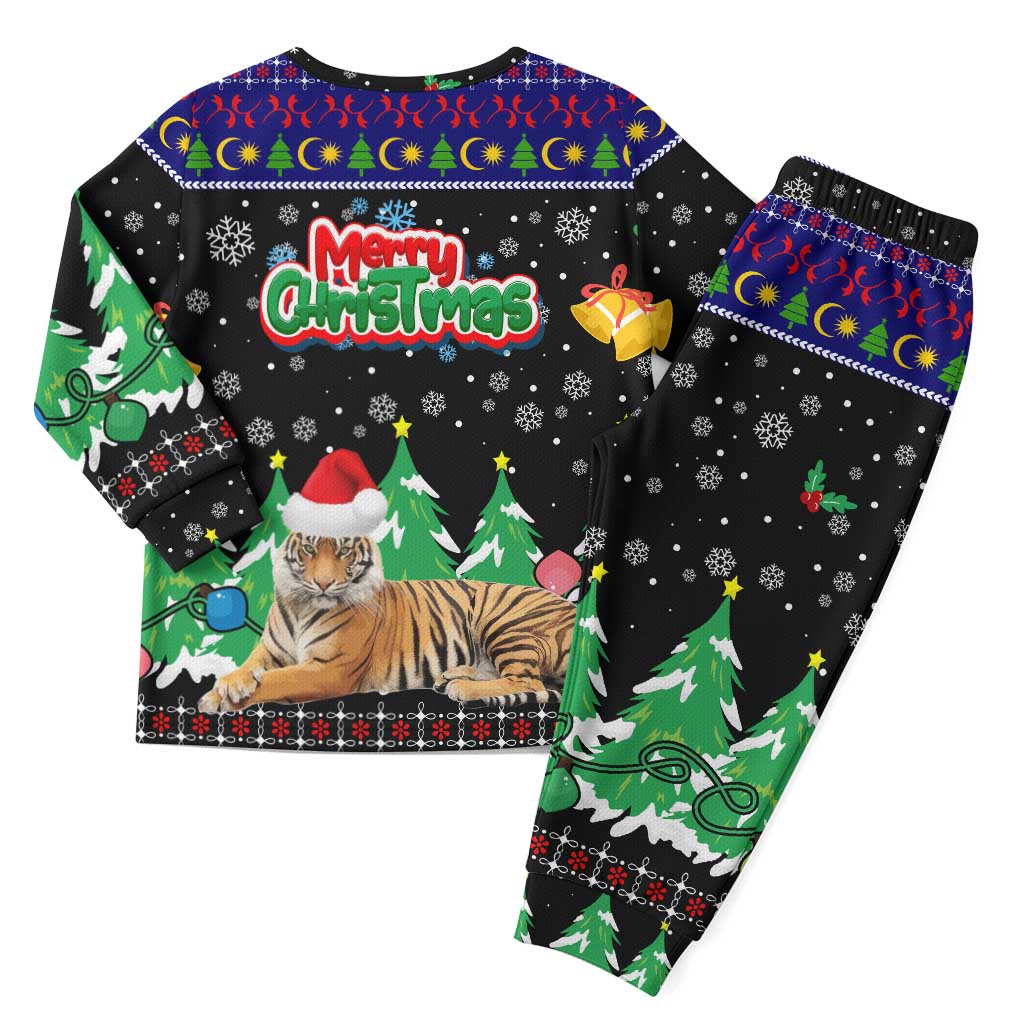 Malaysia Christmas Pajama Set with Tiger Santa Hat Snowflakes and Holiday Tree Pattern - Wonder Print Shop