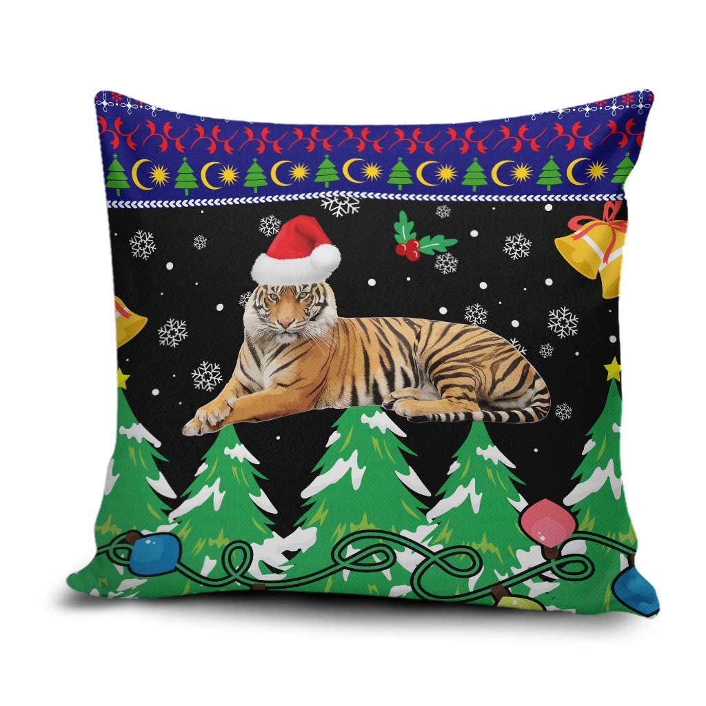 Malaysia Christmas Pillow Cover with Tiger Santa Hat Snowflakes and Holiday Tree Pattern - Wonder Print Shop