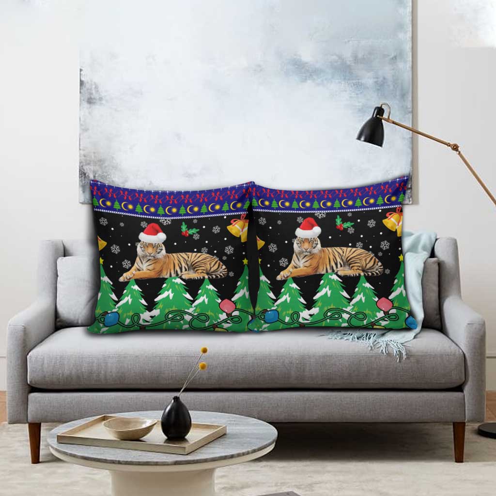Malaysia Christmas Pillow Cover with Tiger Santa Hat Snowflakes and Holiday Tree Pattern - Wonder Print Shop