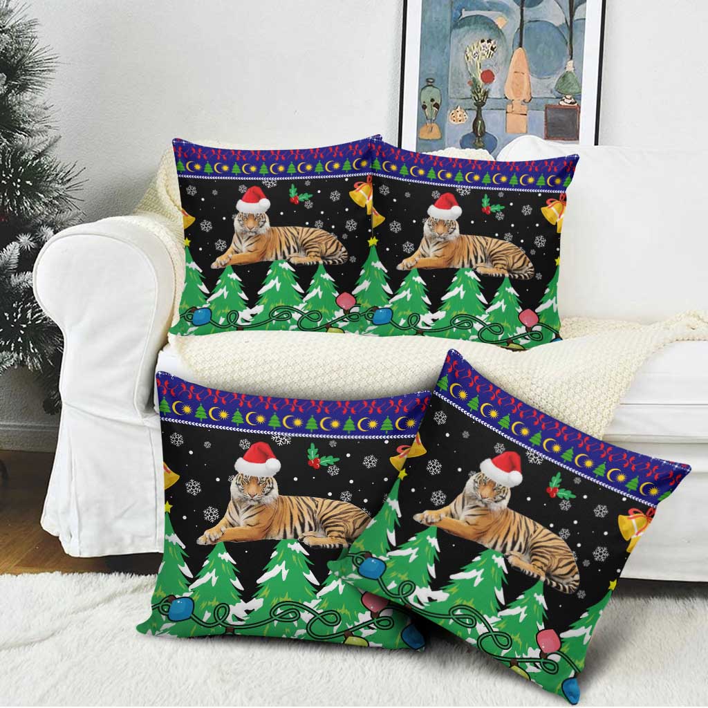 Malaysia Christmas Pillow Cover with Tiger Santa Hat Snowflakes and Holiday Tree Pattern - Wonder Print Shop