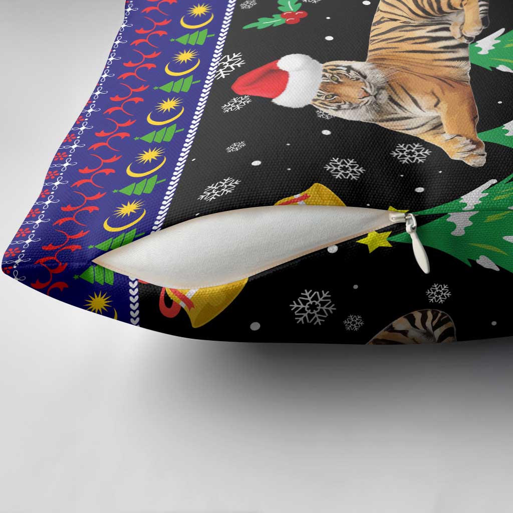 Malaysia Christmas Pillow Cover with Tiger Santa Hat Snowflakes and Holiday Tree Pattern - Wonder Print Shop