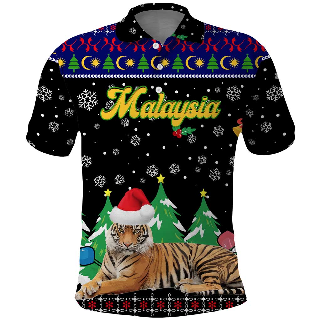 Malaysia Christmas Polo Shirt with Tiger Santa Hat Snowflakes and Holiday Tree Pattern - Wonder Print Shop
