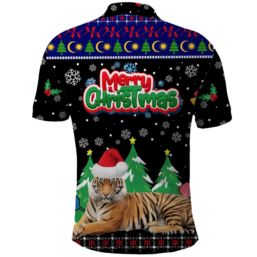 Malaysia Christmas Polo Shirt with Tiger Santa Hat Snowflakes and Holiday Tree Pattern - Wonder Print Shop