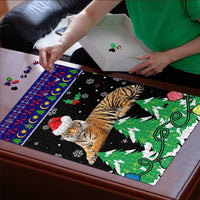 Malaysia Christmas Puzzle with Tiger Santa Hat Snowflakes and Holiday Tree Pattern - Wonder Print Shop