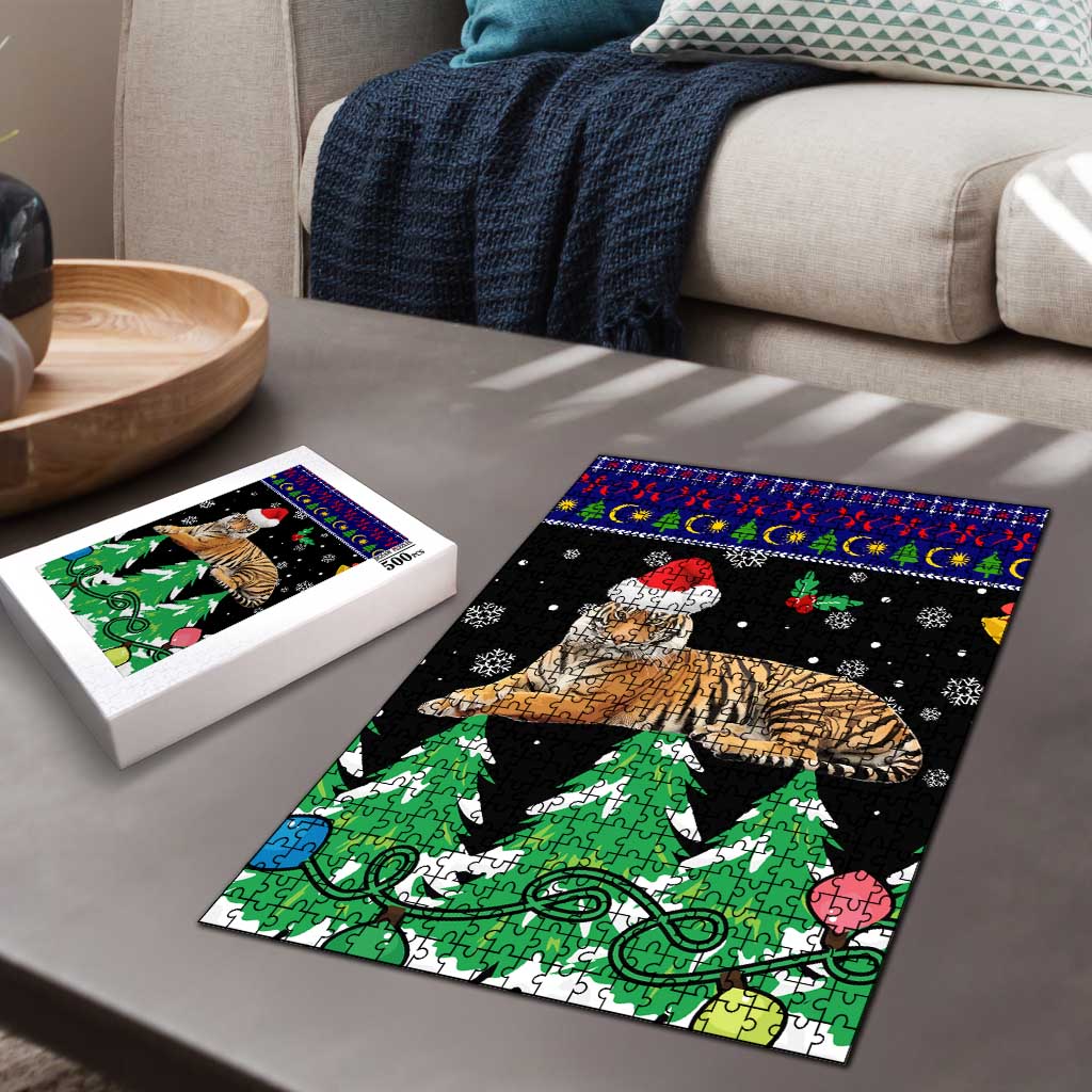 Malaysia Christmas Puzzle with Tiger Santa Hat Snowflakes and Holiday Tree Pattern - Wonder Print Shop