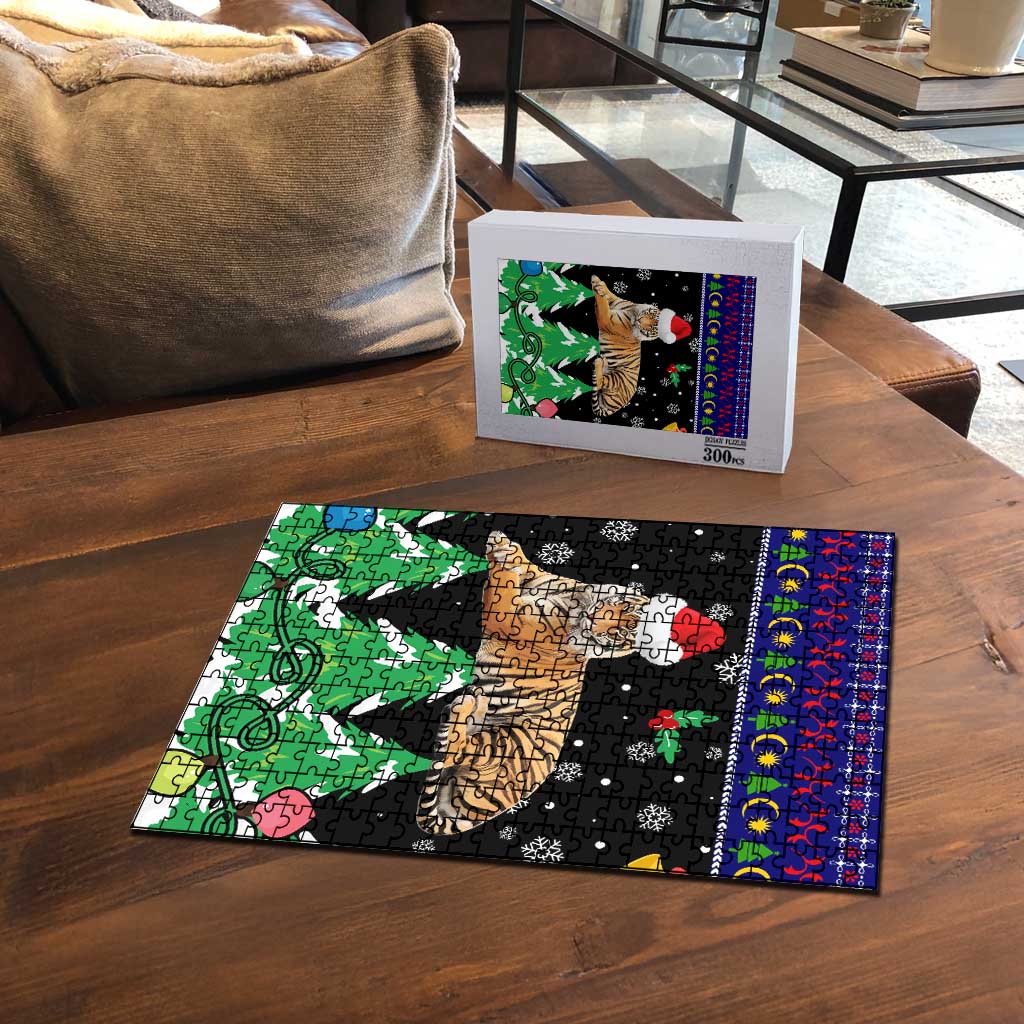 Malaysia Christmas Puzzle with Tiger Santa Hat Snowflakes and Holiday Tree Pattern - Wonder Print Shop