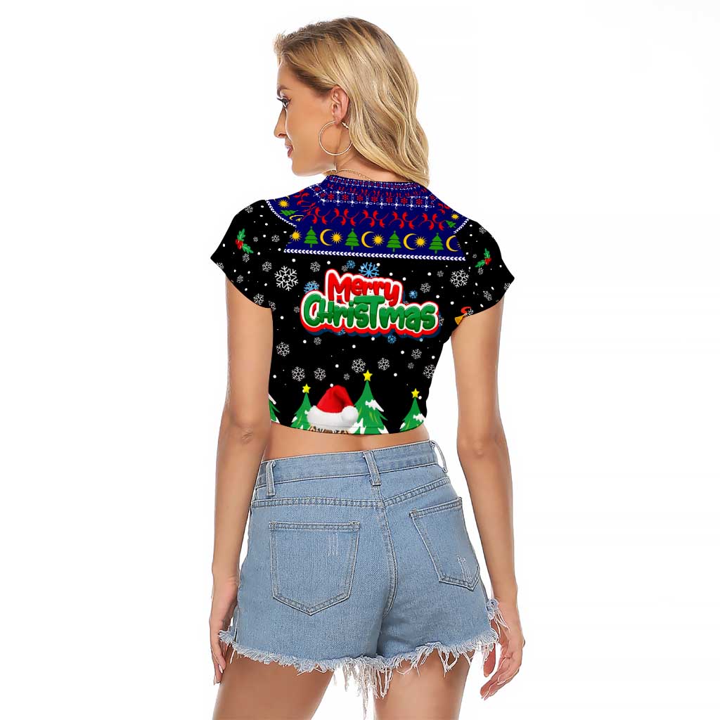Malaysia Christmas Raglan Cropped T Shirt with Tiger Santa Hat Snowflakes and Holiday Tree Pattern - Wonder Print Shop