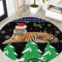 Malaysia Christmas Round Carpet with Tiger Santa Hat Snowflakes and Holiday Tree Pattern - Wonder Print Shop