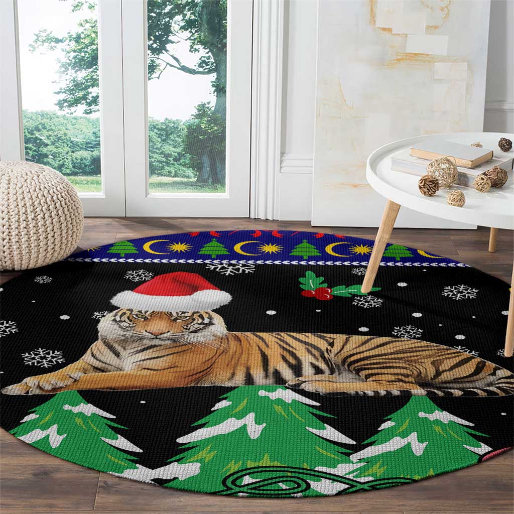 Malaysia Christmas Round Carpet with Tiger Santa Hat Snowflakes and Holiday Tree Pattern - Wonder Print Shop