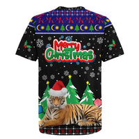 Malaysia Christmas Rugby Jersey with Tiger Santa Hat Snowflakes and Holiday Tree Pattern - Wonder Print Shop