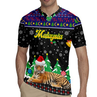 Malaysia Christmas Rugby Jersey with Tiger Santa Hat Snowflakes and Holiday Tree Pattern - Wonder Print Shop