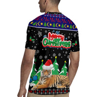 Malaysia Christmas Rugby Jersey with Tiger Santa Hat Snowflakes and Holiday Tree Pattern - Wonder Print Shop
