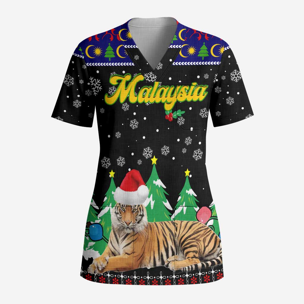 Malaysia Christmas Scrub Top with Tiger Santa Hat Snowflakes and Holiday Tree Pattern - Wonder Print Shop