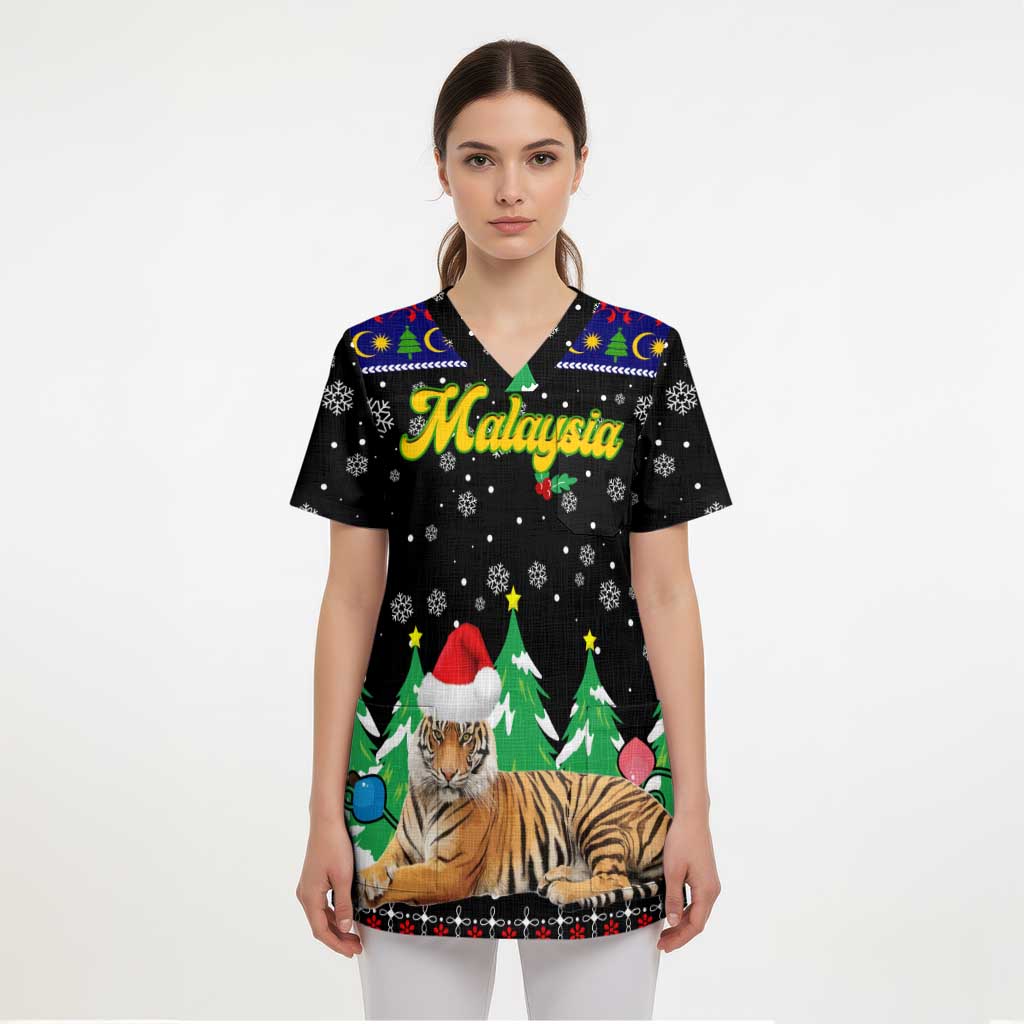 Malaysia Christmas Scrub Top with Tiger Santa Hat Snowflakes and Holiday Tree Pattern - Wonder Print Shop