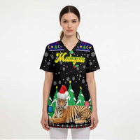Malaysia Christmas Scrub Top with Tiger Santa Hat Snowflakes and Holiday Tree Pattern - Wonder Print Shop